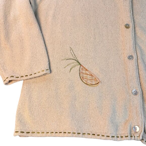 Silk Cotton Blend Cardigan Sweater Womens Large Ivory Pineapple Embroidery - Picture 10 of 13